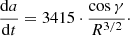 $$ \begin{aligned} \frac{\mathrm{d}a}{\mathrm{d}t}=3415\cdot \frac{\cos \gamma }{R^{3/2}}\cdot \end{aligned} $$