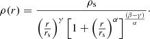 $$ \begin{aligned} \rho (r) = \frac{\rho _{\rm s}}{\left(\frac{r}{r_{\rm s}} \right)^{\gamma } \left[1 + \left(\frac{r}{r_{\rm s}} \right)^{\alpha }\right]^\frac{(\beta -\gamma )}{\alpha }}\cdot \end{aligned} $$