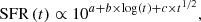 $$ \begin{aligned} \text{ SFR}\left(t\right)\propto 10^{a+b\times \log (t)+c\times t^{1/2}}, \end{aligned} $$
