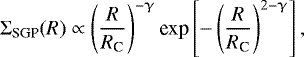 \begin{equation*} \Sigma_{\textrm{SGP}}(R) \propto \left(\frac{R}{R_{\textrm{C}}}\right)^{-\upgamma}\textrm{exp}\left[-\left(\frac{R}{R_{\textrm{C}}}\right)^{2-\upgamma}\right],\end{equation*}