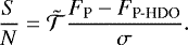 \begin{equation*} \frac{S}{N} = \tilde{\mathcal{T}}\frac{F_{\textrm{P}}-F_{\textrm{P-HDO}}}{\sigma}. \vspace*{-2pt}\end{equation*}