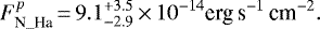 \[ F^p_{{\textrm{N}\_{\textrm{Ha}}}}{\,=\,}9.1^{&#x002B;3.5}_{-2.9}{\,\times\,}10^{-14}{\textrm{erg}\,\textrm{s}}^{-1}\,\textrm{cm}^{-2}. \]