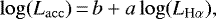 \begin{equation*} \log(L_{\mathrm{acc}}){\,=\,}b&#x002B;a\log(L_{\textrm{H}\alpha}), \end{equation*}