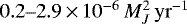 $0.2\hbox{--}2.9{\,\times\,}10^{-6}\,M_J^2\,\mathrm{ yr}^{-1}$