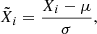 $$ \begin{aligned} \tilde{X}_i = \frac{{X}_i - \mu }{\sigma }, \end{aligned} $$