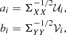 $$ \begin{aligned} \begin{aligned} a_i&= \Sigma _{XX}^{-1/2}\mathcal{U} _i, \\ b_i&= \Sigma _{YY}^{-1/2}\mathcal{V} _i, \end{aligned} \end{aligned} $$