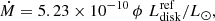 $$ \begin{aligned} \dot{M}=5.23 \times 10^{-10}\, \phi \,\, L^\mathrm{ref}_{\rm disk}/L_\odot ,\end{aligned} $$