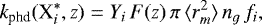 \begin{equation*} k_{\textrm{phd}}(\textrm{X}_i^*,z) = Y_i \, F(z) \, \pi \, \langle r_m^2 \rangle \, n_{g} \, f_i, \end{equation*}