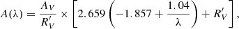 $$ \begin{aligned} A(\lambda ) = \frac{A_V}{R^{\prime }_V} \times \left[ 2.659 \left( -1.857 + \frac{1.04}{\lambda } \right) + R^{\prime }_V \right], \end{aligned} $$