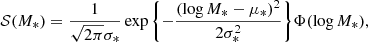 $$ \begin{aligned} \mathcal{{S}}(M_*) = \frac{1}{\sqrt{2\pi }\sigma _*}\exp {\left\{ -\frac{(\log {M_*} - \mu _*)^2}{2\sigma _*^2}\right\} }\Phi (\log {M_*}), \end{aligned} $$