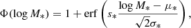$$ \begin{aligned} \Phi (\log {M_*}) = 1 + \mathrm{erf} \left(s_*\frac{\log {M_*} - \mu _*}{\sqrt{2}\sigma _*}\right), \end{aligned} $$