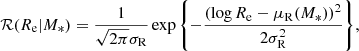 $$ \begin{aligned} \mathcal{{R}}(R_{\mathrm{e} }|M_*) = \frac{1}{\sqrt{2\pi }\sigma _{\rm R}}\exp {\left\{ -\frac{(\log {R_{\mathrm{e} }} - \mu _{\rm R}(M_*))^2}{2\sigma _{\rm R}^2}\right\} }, \end{aligned} $$