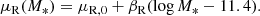 $$ \begin{aligned} \mu _{\rm R}(M_*) = \mu _{\rm R,0} + \beta _{\rm R}(\log {M_*} - 11.4). \end{aligned} $$