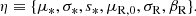 $$ \begin{aligned} \eta \equiv \{\mu _*, \sigma _*, s_*, \mu _{\rm R,0}, \sigma _{\rm R}, \beta _{\rm R}\}. \end{aligned} $$