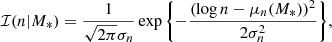 $$ \begin{aligned} \mathcal{{I}}(n|M_*) = \frac{1}{\sqrt{2\pi }\sigma _n}\exp {\left\{ -\frac{(\log {n} - \mu _n(M_*))^2}{2\sigma _n^2}\right\} }, \end{aligned} $$