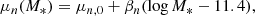 $$ \begin{aligned} \mu _n(M_*) = \mu _{n,0} + \beta _n(\log {M_*} - 11.4), \end{aligned} $$