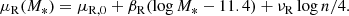 $$ \begin{aligned} \mu _{\rm R}(M_*) = \mu _{\rm R,0} + \beta _{\rm R}(\log {M_*} - 11.4) + \nu _{\rm R}\log {n/4}. \end{aligned} $$