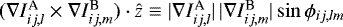$(\nabla I^{\textrm{A}}_{ij,l} \times \nabla I^{\textrm{B}}_{ij,m})\cdot \hat{z} \equiv |\nabla I^{\textrm{A}}_{ij,l}|\,|\nabla I^{\textrm{B}}_{ij,m}|\sin\phi_{ij,lm}$
