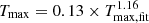 $ T_{\mathrm{max}}=0.13\times T_{\mathrm{max,fit}}^{1.16} $