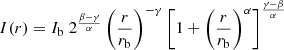 $$ \begin{aligned} I(r)=I_{\rm b}\ 2^{\frac{\beta -\gamma }{\alpha }}\left(\frac{r}{r_{\rm b}}\right)^{-\gamma }\left[1+\left(\frac{r}{r_{\rm b}}\right)^{\alpha }\right]^{\frac{\gamma -\beta }{\alpha }} \end{aligned} $$