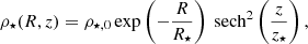 $$ \begin{aligned} \rho _\star (R,z) = \rho _{\star ,0} \exp \left( - \frac{R}{R_\star } \right) \text{ sech}^2 \left(\frac{z}{z_\star } \right) , \end{aligned} $$