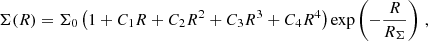 $$ \begin{aligned} \Sigma (R) = \Sigma _0 \left( 1 + C_1 R + C_2 R^2 + C_3 R^3 + C_4 R^4 \right) \exp \left( -\frac{R}{R_\Sigma } \right) \,, \end{aligned} $$
