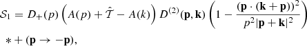 $$ \begin{aligned} \mathcal{S} _1&= D_+(p)\left(A(p) + {{\hat{{\mathcal{T} }}}} -A(k)\right) D^{(2)}(\mathbf{p },\mathbf{k }) \left( 1- \frac{(\mathbf{p }\cdot (\mathbf{k }+ \mathbf{p }))^2}{p^2 |\mathbf{p }+\mathbf{k }|^2}\right) \nonumber \\ *&+ (\mathbf{p }\rightarrow -\mathbf{p }), \end{aligned} $$