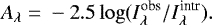 \begin{equation*}A_{\lambda} \;{=}\; -2.5\log(I_{\lambda}^{\text{obs}}/I_{\lambda}^{\text{intr}}).\vspace*{-2pt} \end{equation*}
