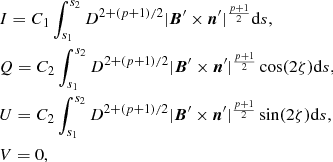 $$ \begin{aligned}&I = C_1\int _{s_1}^{s_2}D^{2+(p+1)/2}\vert {\boldsymbol{B}}^\prime \times {\boldsymbol{n}}^\prime \vert ^{\frac{p+1}{2}}\mathrm{d} {s},\\ \nonumber&Q= C_2 \int _{s_1}^{s_2}D^{2+(p+1)/2}\vert {\boldsymbol{B}}^\prime \times {\boldsymbol{n}}^\prime \vert ^{\frac{p+1}{2}}\cos (2\zeta )\mathrm{d} {s},\\ \nonumber&U= C_2 \int _{s_1}^{s_2}D^{2+(p+1)/2}\vert {\boldsymbol{B}}^\prime \times {\boldsymbol{n}}^\prime \vert ^{\frac{p+1}{2}}\sin (2\zeta )\mathrm{d} {s},\\ \nonumber&V = 0, \end{aligned} $$