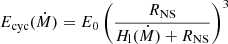 $$ \begin{aligned} E_{\rm cyc}(\dot{M}) = E_0\left(\frac{R_{\rm NS}}{H_{\rm l}(\dot{M}) + R_{\rm NS}}\right)^3 \end{aligned} $$