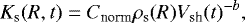 \begin{equation*} K_{\textrm{s}}(R,t) = C_{\textrm{norm}} \rho_{\textrm{s}}(R) V_{\textrm{sh}}(t)^{-b},\end{equation*}