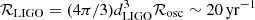 $ {\cal R}_{\mathrm{LIGO}}=(4\pi/3)d_{\mathrm{LIGO}}^3{\cal R}_{\mathrm{osc}}\sim 20\,\mathrm{yr}^{-1} $
