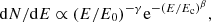 $$ \begin{aligned} \mathrm{d} N/\mathrm{d} E \propto (E/E_0)^{-\gamma } \mathrm{e}^{-(E/E_\mathrm{c} )^\beta }, \end{aligned} $$
