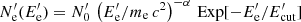$$ \begin{aligned} N^{\prime }_{\rm e}(E^{\prime }_{\rm e})= N^{\prime }_{0}\,\left( E^{\prime }_{\rm e}/m_{\rm e}\,c^2\right)^{-\alpha }\,\mathrm{Exp}[-E^{\prime }_{\rm e}/E^{\prime }_{\rm cut}] \end{aligned} $$