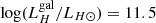 $ \log (L_H^{{\rm{gal}}}/{L_{H \odot }}) = 11.5 $
