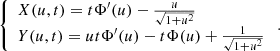 $$ \begin{aligned} \left\{ \begin{array}{l} X(u,t) = t\Phi ^{\prime }(u) - \frac{u}{\sqrt{1+u^2}} \\ Y(u,t) = ut\Phi ^{\prime }(u) - t\Phi (u) + \frac{1}{\sqrt{1+u^2}} \\ \end{array} \right. . \end{aligned} $$