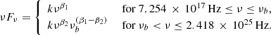 $$ \begin{aligned} \nu F_{\nu }={\left\{ \begin{array}{ll} k\nu ^{\beta _1}&\text{ for} \ 7.254\,\times \,10^{17}\mathrm{\,Hz}\le \nu \le \nu _b,\\ k \nu ^{\beta _2} \nu _b^{(\beta _1-\beta _2)}&\text{ for} \ \nu _b<\nu \le 2.418\,\times \,10^{25}\mathrm{\,Hz}. \end{array}\right.} \end{aligned} $$