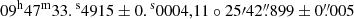 $ 09^{\mathrm{h}}47^{\mathrm{m}}33{.\!^{\text{ s}}}4915\pm0{.\!^{\text{ s}}}0004,11\circ25{\prime}42{{\overset{\prime\prime}{.}}}899\pm0{{\overset{\prime\prime}{.}}}005 $