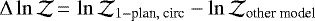 $\mathrm \Delta \ln\mathcal{Z}\,{=}\,\ln\mathcal{Z}_{1-\textrm{plan},\: \textrm{circ}}-\ln\mathcal{Z}_{\textrm{other model}}$
