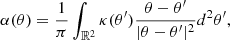 $$ \begin{aligned} \alpha (\theta ) = \frac{1}{\pi }\int _{\mathbb{R} ^2}\kappa (\theta ^\prime )\frac{\theta - \theta ^\prime }{|\theta - \theta ^\prime |^2}{d}^{2}{\theta }^\prime , \end{aligned} $$