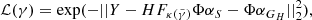 $$ \begin{aligned} \mathcal{L} (\gamma )=\mathrm{exp}(-||Y-HF_{\kappa (\tilde{\gamma })}\Phi \alpha _S-\Phi \alpha _{G_H}||_2^2), \end{aligned} $$