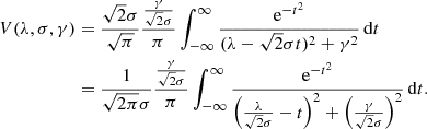 $$ \begin{aligned} \begin{split} V(\lambda ,\sigma , \gamma )&= \frac{\sqrt{2} \sigma }{ \sqrt{{\pi }}} \frac{\frac{\gamma }{\sqrt{2} \sigma }}{\pi } \int _{-\infty }^{\infty } \frac{\mathrm{e}^{- t^2 }}{(\lambda - \sqrt{2} \sigma t)^2 + \gamma ^2}\,\mathrm{d}t \\&= \frac{1}{\sqrt{2 \pi } \sigma } \frac{\frac{\gamma }{\sqrt{2} \sigma }}{\pi } \int _{-\infty }^{\infty } \frac{\mathrm{e}^{- t^2 }}{\left(\frac{\lambda }{\sqrt{2} \sigma } - t\right)^2 + \left(\frac{\gamma }{\sqrt{2} \sigma }\right)^2}\,\mathrm{d}t. \end{split} \end{aligned} $$