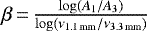 $\beta\,{=}\,\frac{\log(A_1/A_3)}{\log(\nu_{{1.1\,\textrm{mm}}}/ \nu_{{3.3\,\textrm{mm}}})}$