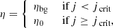 $$ \begin{aligned} \eta = {\left\{ \begin{array}{ll} \eta _{\rm bg}&{\text{ if}}\, j < j_{\text{ crit}}\\ \eta _{0}&{\text{ if}} \,j \ge j_{\text{ crit}}, \end{array}\right.} \end{aligned} $$