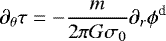 \begin{equation*}\partial_{\theta} \tau = -\frac{m }{2 \pi G \sigma_{0}}\partial_{r} \phi^{\textrm{d}} \, \end{equation*}