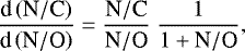 \begin{equation*} \frac{\textrm{d}\left({\textrm{N}}/{\textrm{C}}\right)} {\textrm{d}\left({\textrm{N}}/{\textrm{O}}\right)} = \frac{{\textrm{N}}/{\textrm{C}}}{{\textrm{N}}/{\textrm{O}}} ~\frac{1}{1&#x002B;{\textrm{N}}/{\textrm{O}}}, \end{equation*}