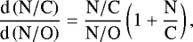 \begin{equation*} \frac{\textrm{d}\left({\textrm{N}}/{\textrm{C}}\right)} {\textrm{d}\left({\textrm{N}}/{\textrm{O}}\right)} = \frac{{\textrm{N}}/{\textrm{C}}}{{\textrm{N}}/{\textrm{O}}} \left(1&#x002B;\frac{\textrm{N}}{\textrm{C}}\right), \end{equation*}