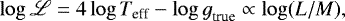 \begin{equation*} \log\mathscr{L} = 4\log {{T_{\textrm{eff}}}} - {\log {g}}_{\textrm{true}} \propto \log(L/M), \end{equation*}