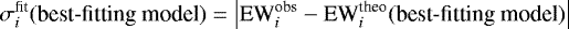 \begin{equation*} {\sigma_{i}^{\textrm{fit}}}(\mbox{best-fitting model}) = \left|\textrm{EW}_{i}^{\textrm{obs}}-\textrm{EW}_{i}^{\textrm{theo}}(\mbox{best-fitting model})\right| \end{equation*}