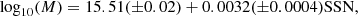 $$ \begin{aligned}&\log _{10}(M)= 15.51(\pm 0.02)+0.0032(\pm 0.0004)\mathrm{SSN}, \end{aligned} $$